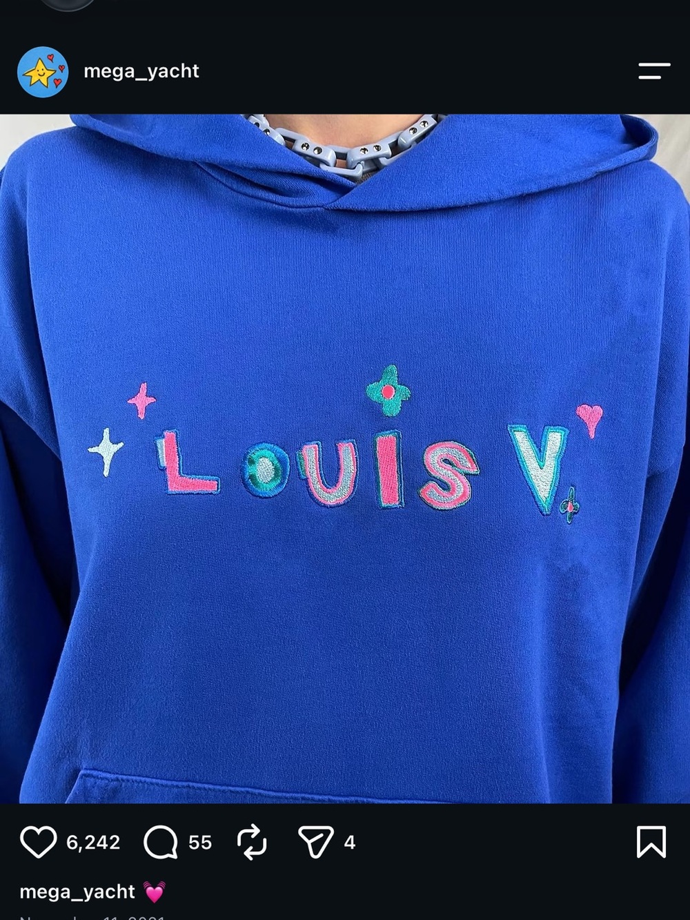 Mega Yacht All Embroidered Louis V Blue Designer Streetwear Hoodie